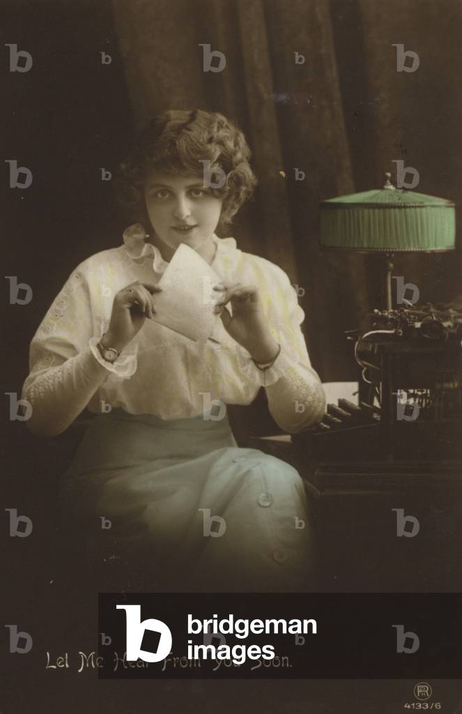 Girl with typewriter and letter, Let Me Hear From You Soon (coloured photo)