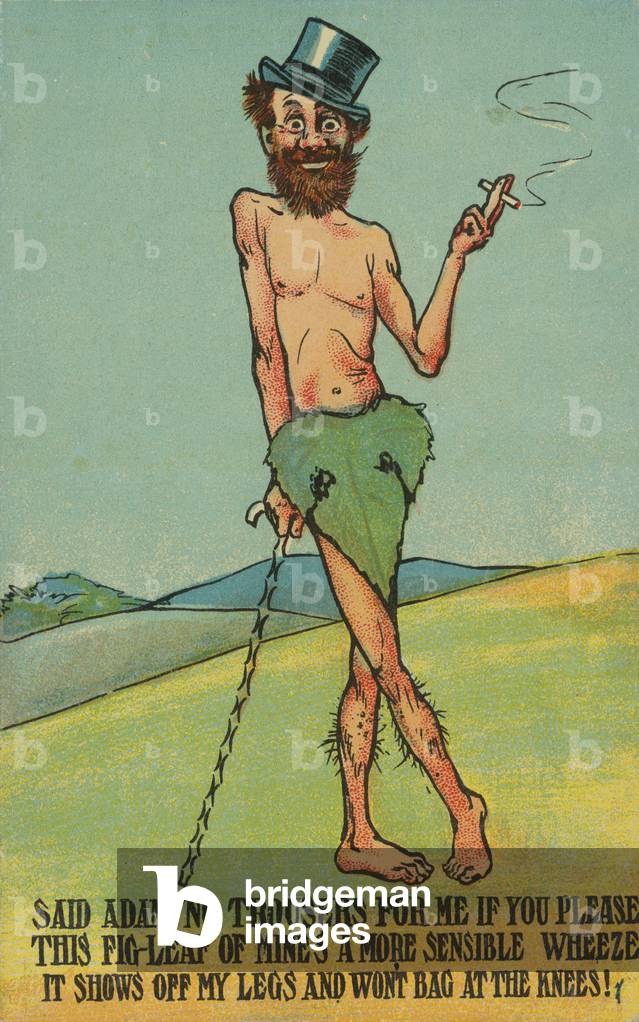 Adam extolling the virtues of wearing a fig leaf (colour litho)