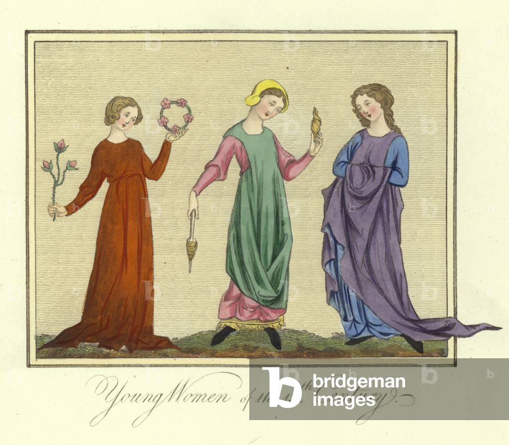 Young women of the 13th Century (coloured engraving)