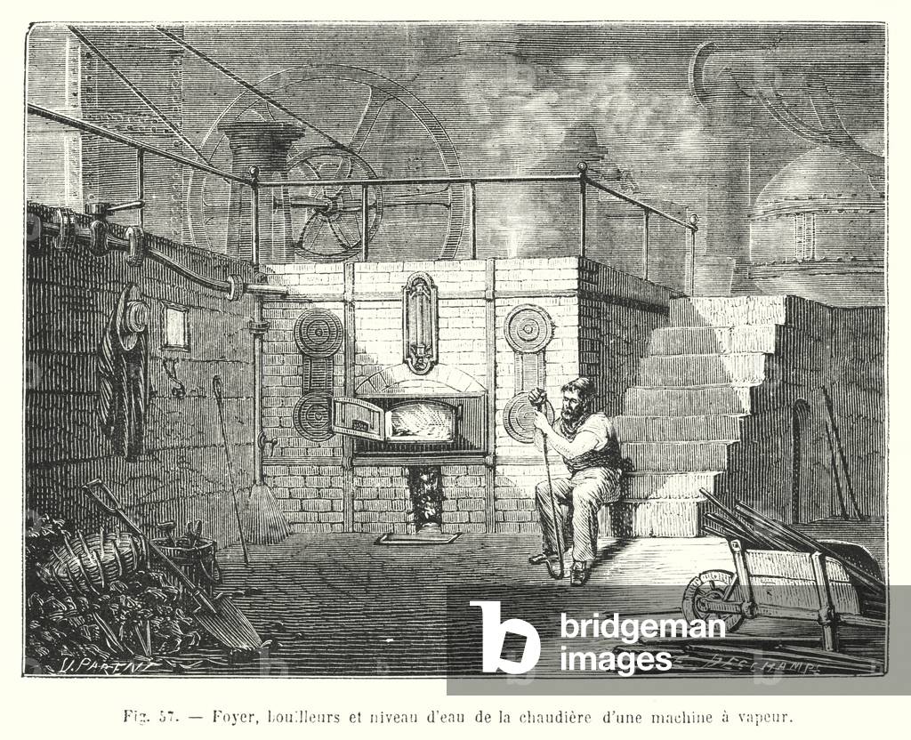 Foyer, bouilleurs et niveau d'eau de la chaudiere d'une machine a vapeur (engraving)