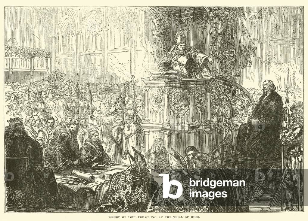 Bishop of Lodi preaching at the Trial of Huss (engraving)