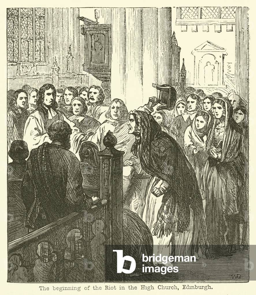 The beginning of the Riot in the High Church, Edinburgh (engraving)