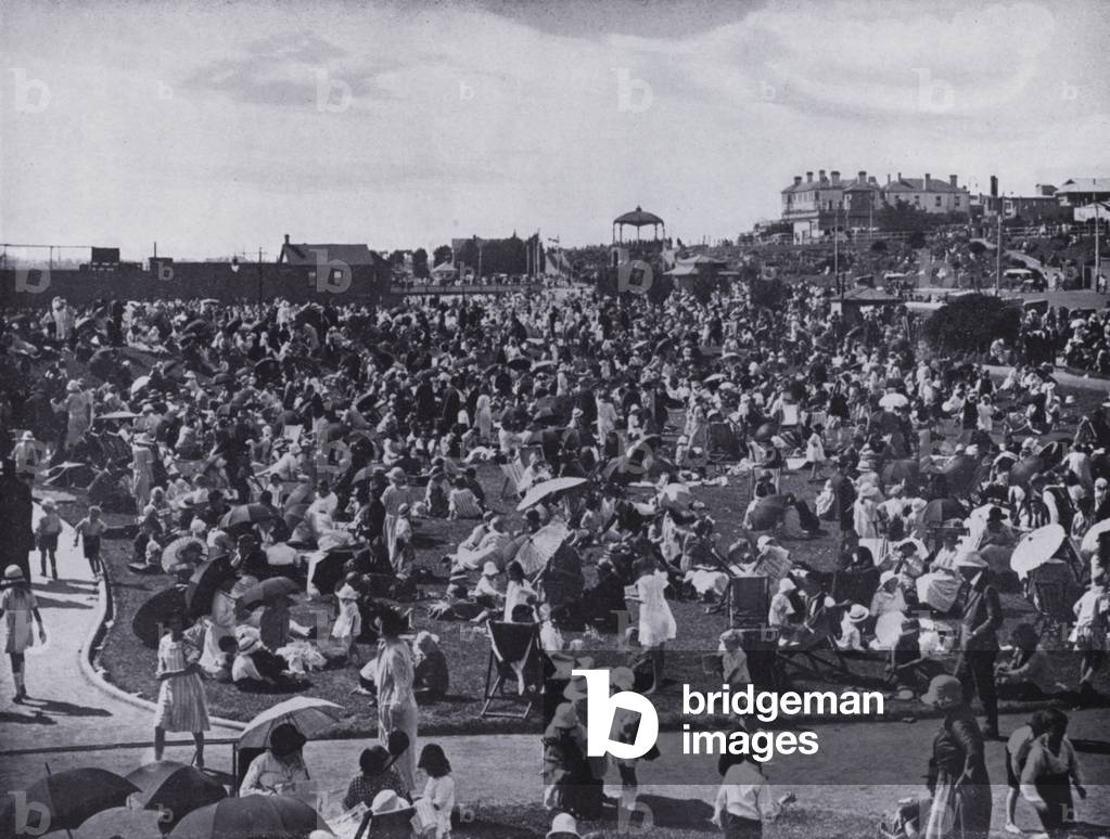 St Kilda Beach, Melbourne's popular seaside resort, Showing the lawns (b/w photo)