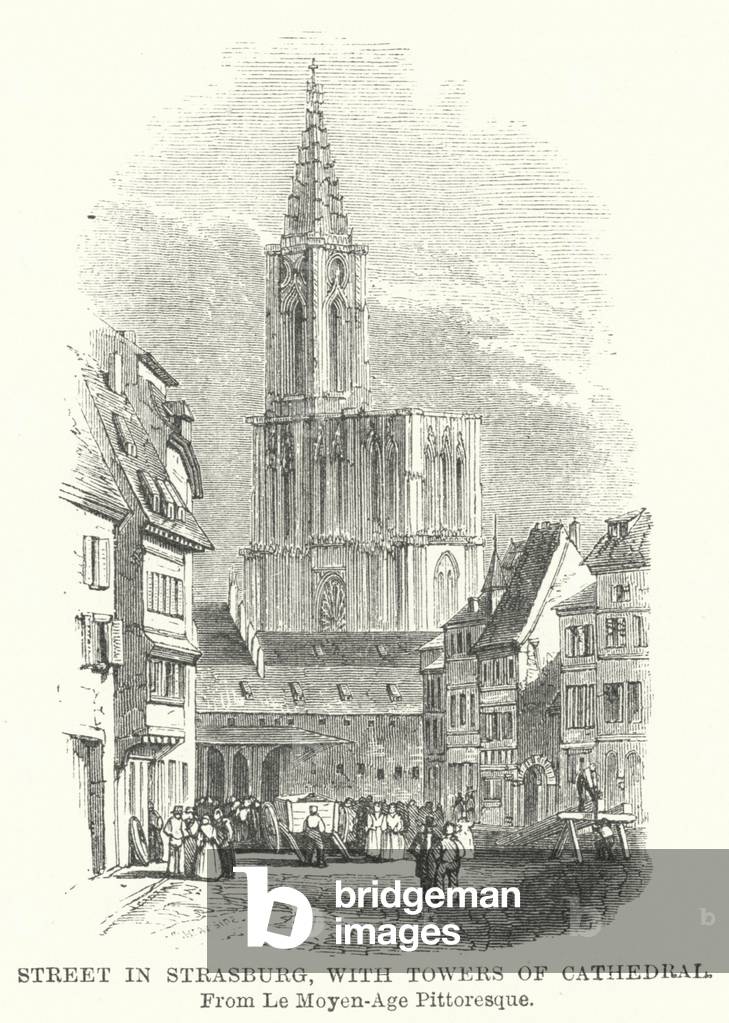 Street in Strasburg, with Towers of Cathedral (engraving)