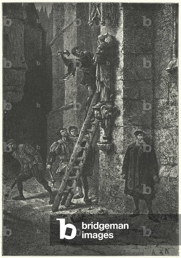Protestants destroying a statue of the Virgin and Child on Notre Dame, Paris, 16th Century (engraving)