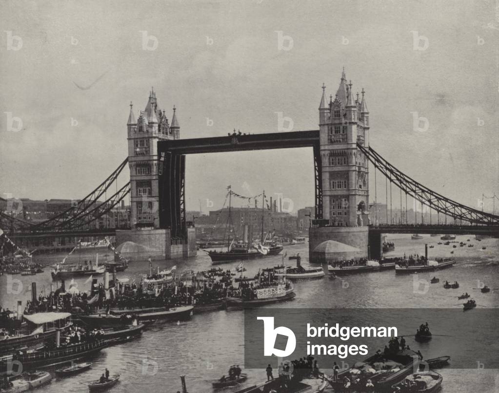 The Tower Bridge, looking East (b/w photo)