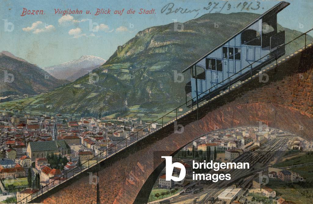 Bolzano - funicular railway and view of the town. Postcard sent in 1913.