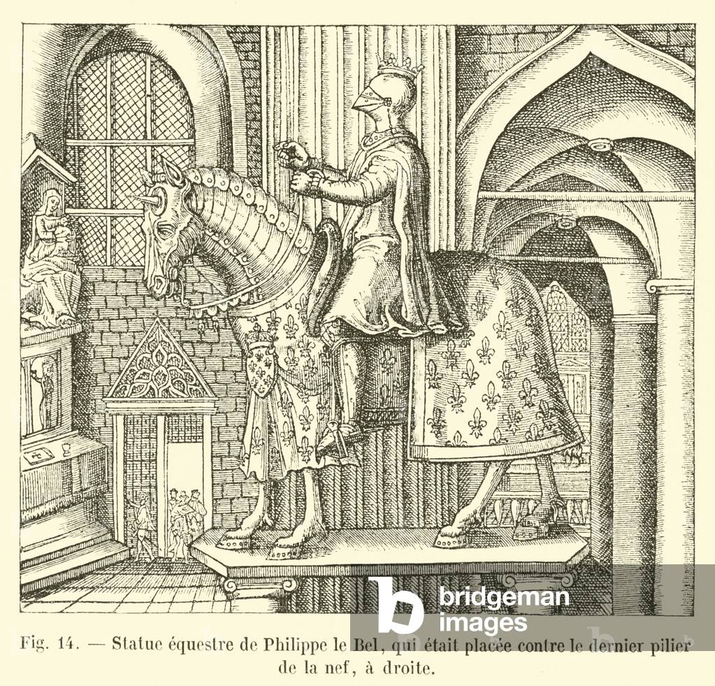 Statue equestre de Philippe le Bel, qui etait placee contre le dernier pilier de la nef, a droite (engraving)
