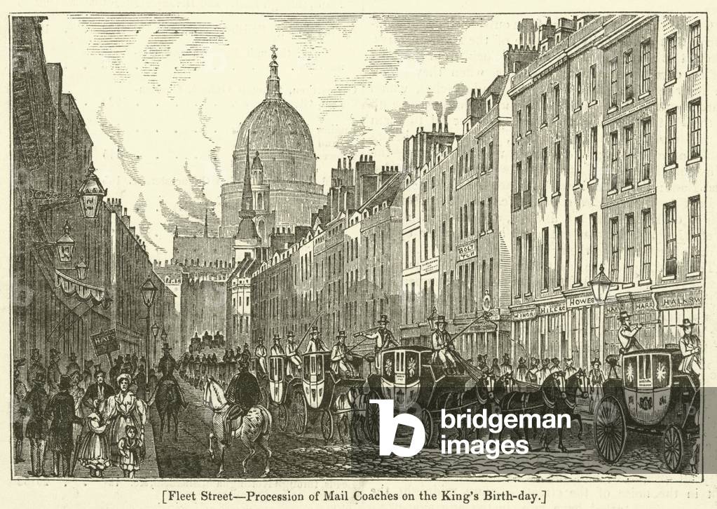 Fleet Street, Procession of Mail Coaches on the King's Birth-day (engraving)