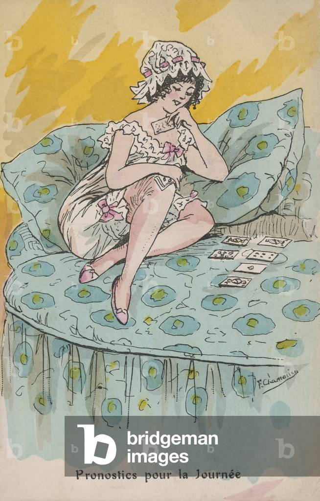 Fortune telling: woman reading cards to forecast how her day will unfold (colour litho)