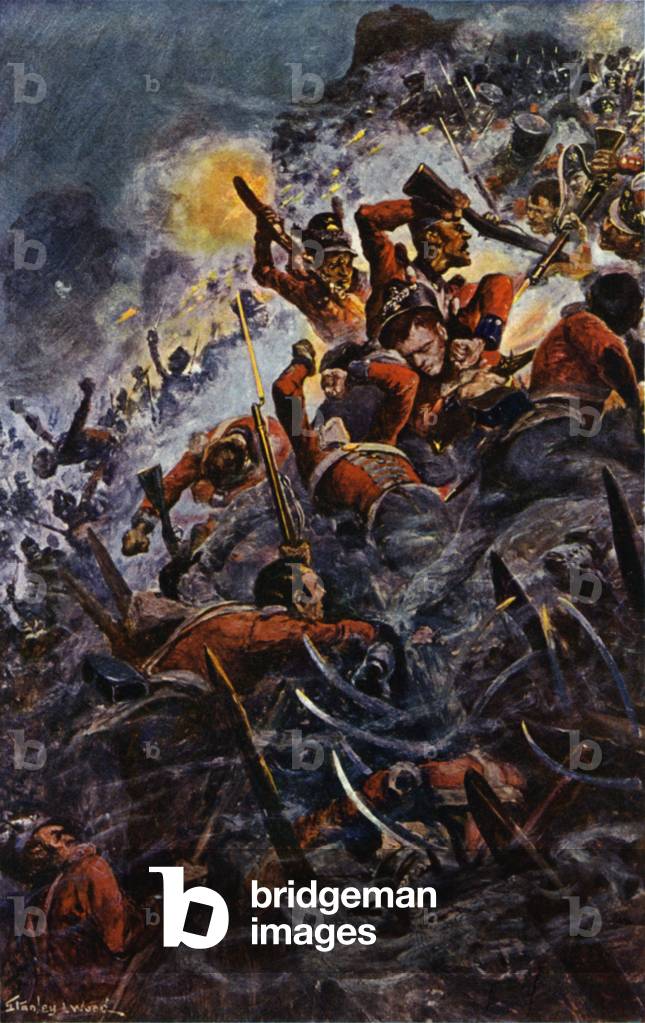 Storming the Heights at Badajos (colour litho)