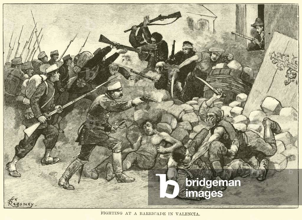Fighting at a barricade in Valencia (engraving)
