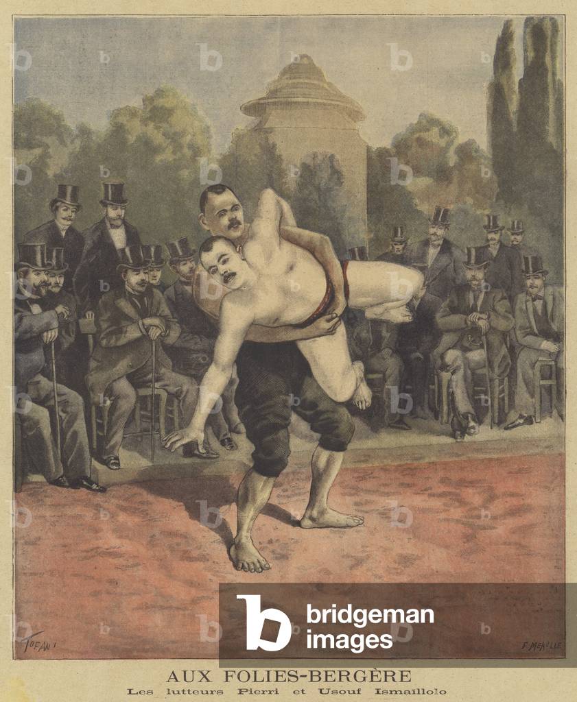 The wrestlers Pierri and Usouf Ismaillolo at the Folies-Bergere (colour litho)