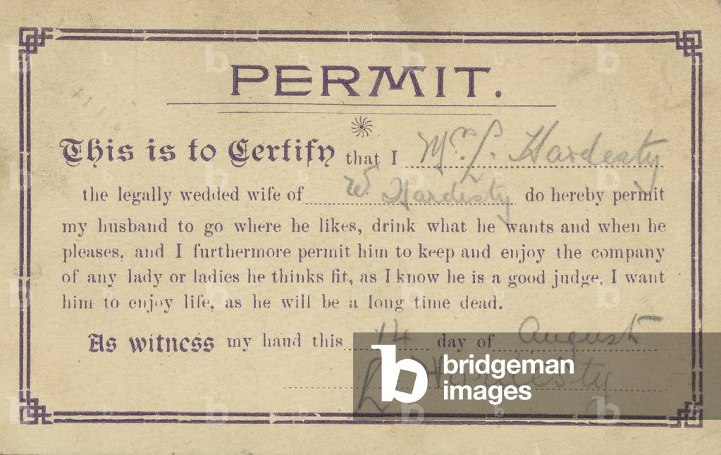 Permit to allow a husband to go where he likes, etc (colour litho)