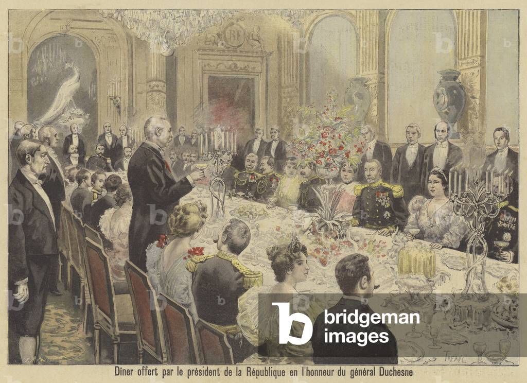 Dinner hosted by President Faure of France in honour of General Duschesne (colour litho)