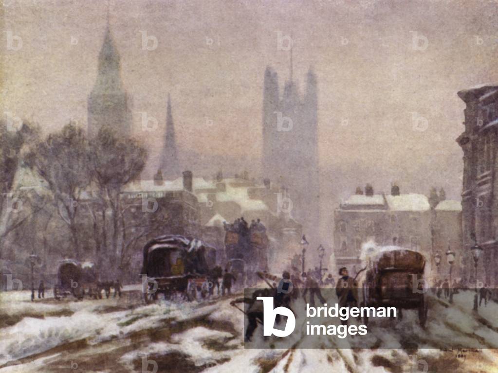 A Snowy Morning, Whitehall (colour litho)
