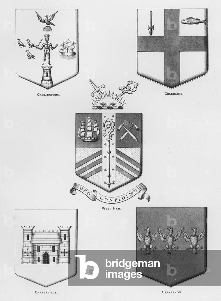 Public arms: Carlingford; Coleraine; West Ham; Charleville; Carnarvon (engraving)