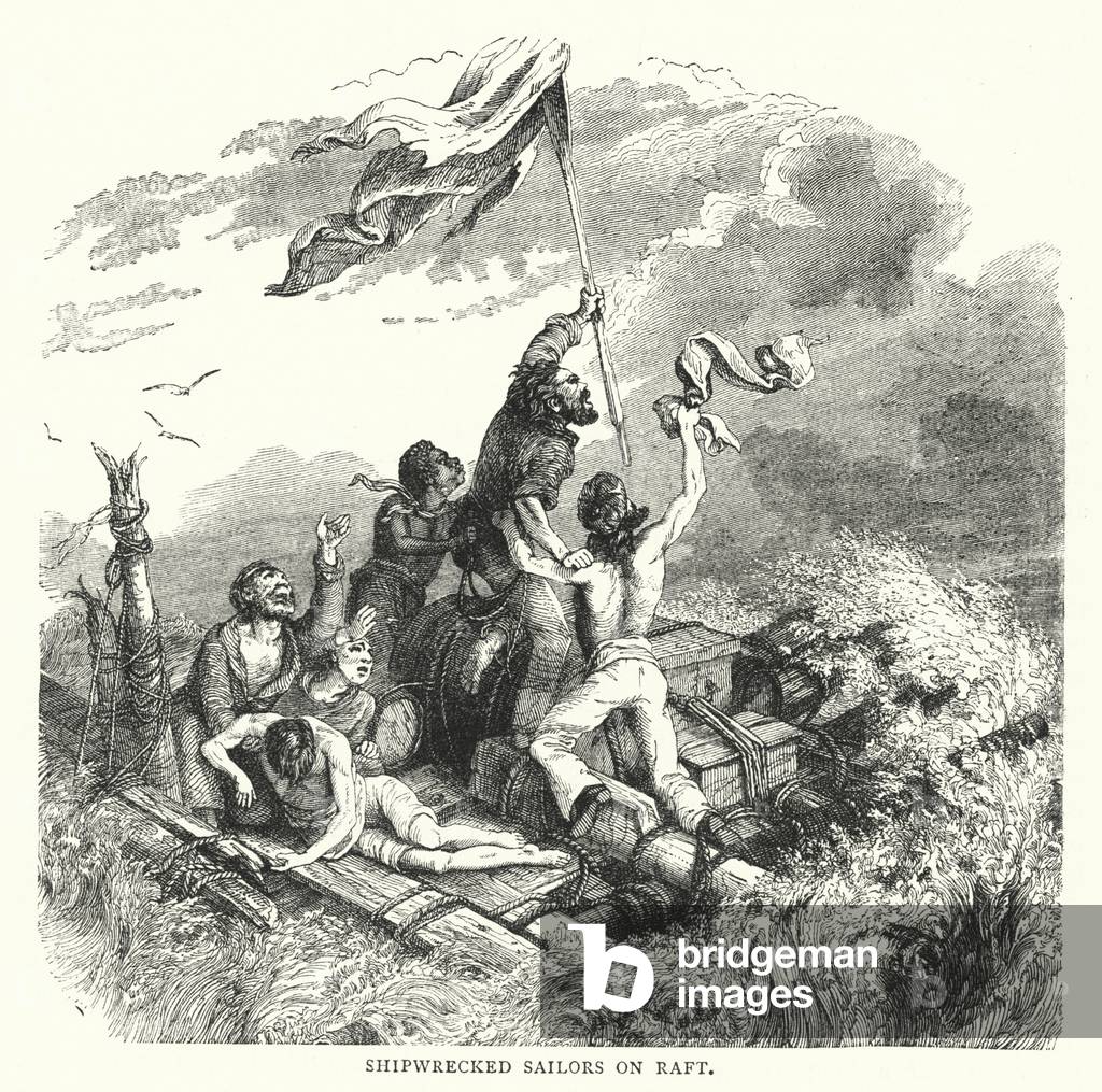 Shipwrecked Sailors on Raft (coloured engraving)
