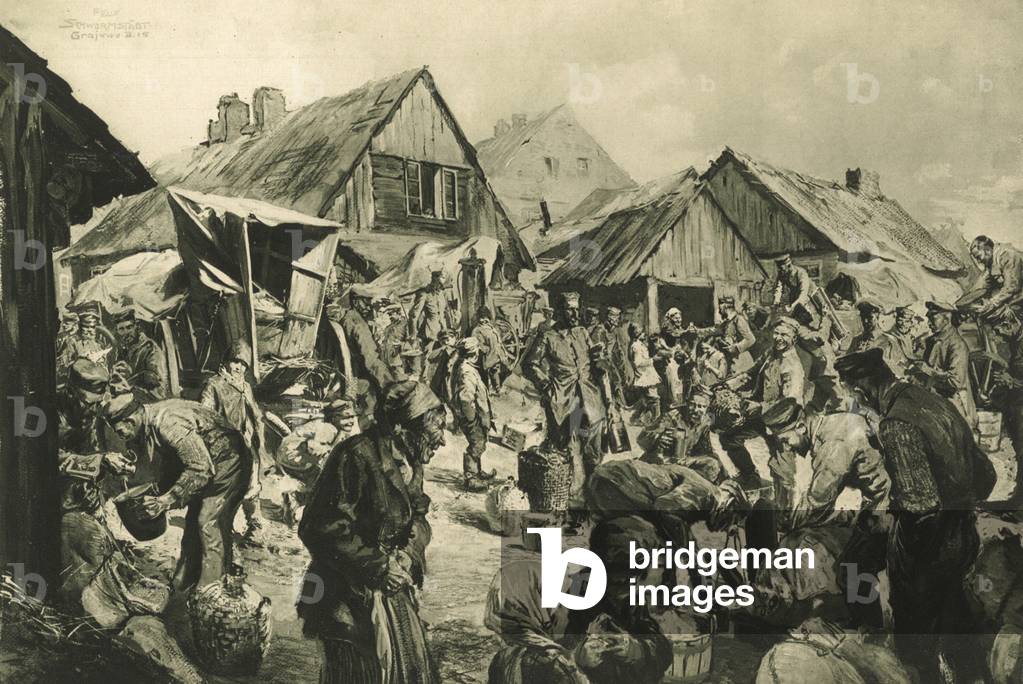 Supplies in a back area station in Russian Poland (litho)