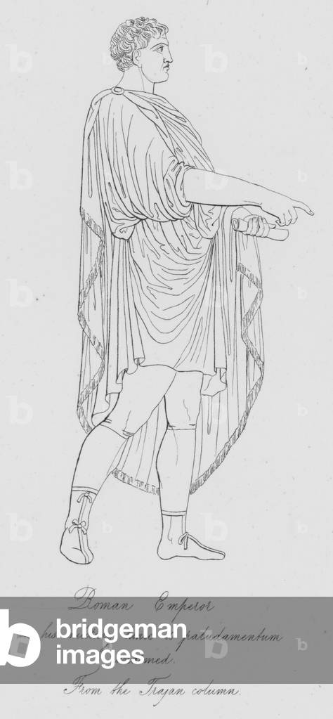 Roman Emperor in his military tunic and paludamentum unarmed, from the Trajan column (engraving)