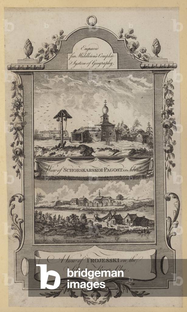 A View of Schorskarskoi-Pagost in Siberia and A View of Trojesski on the Siberian River Oby (engraving)