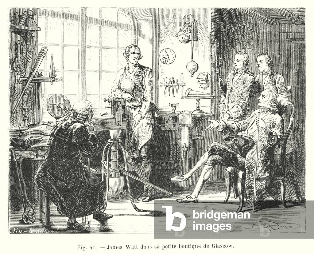 James Watt dans sa petite boutique de Glascow (engraving)
