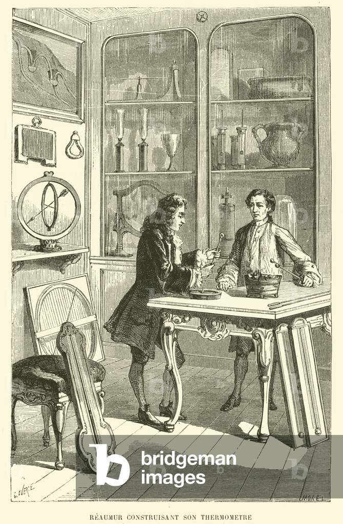 Reaumur constructing his thermometer (engraving)
