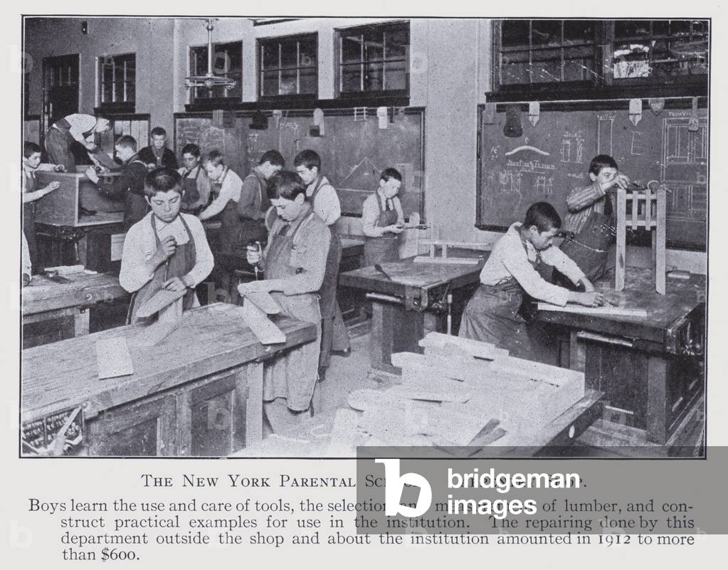 New York School Enquiry, 1911-13: The New York Parental School, Carpentry Shop (b/w photo)