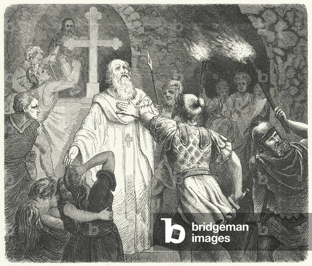 Interruption of a Christian service in the Roman catacombs (engraving)