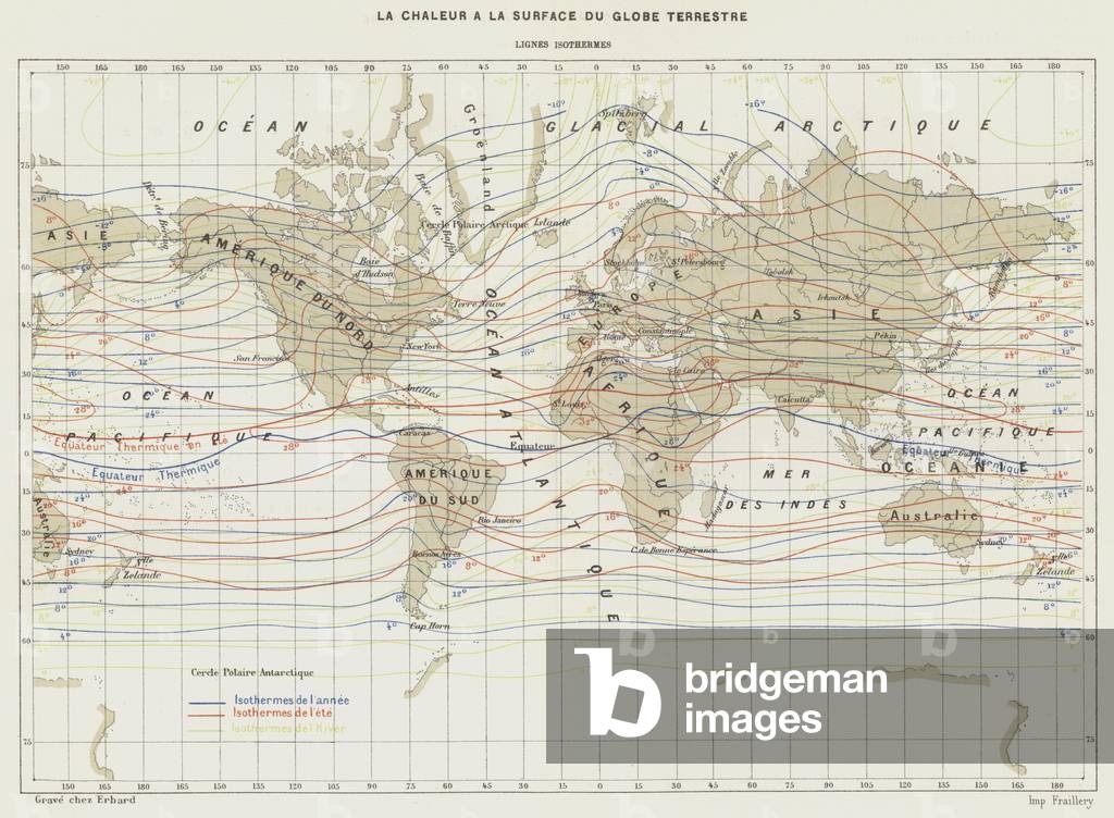 La Chaleur a la Surface du Globe Terrestre, Lignes Isothermes (colour litho)