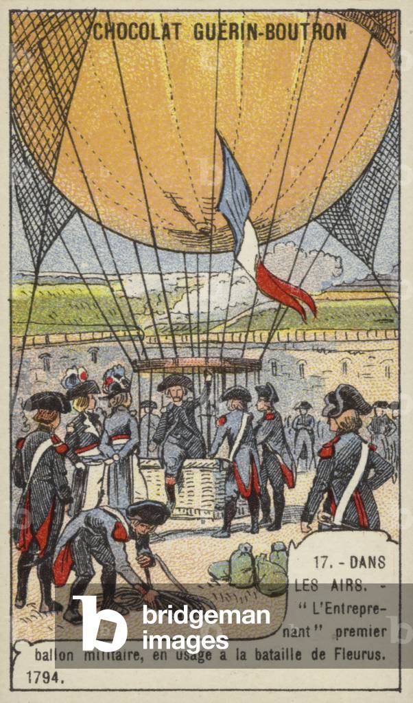 The first military balloon, L'Entreprenant, in use at the Battle of Fleurus, 1794 (chromolitho)