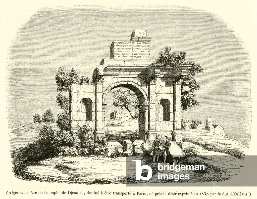 Algerie, Arc de triomphe de Djemilah, destine a etre transporte a Paris (engraving)