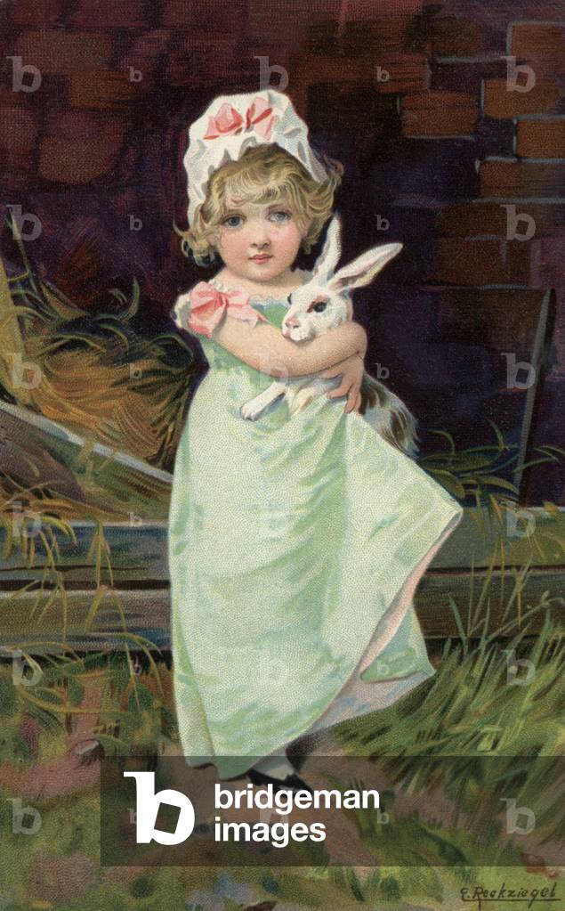 Little girl with rabbit (colour litho)