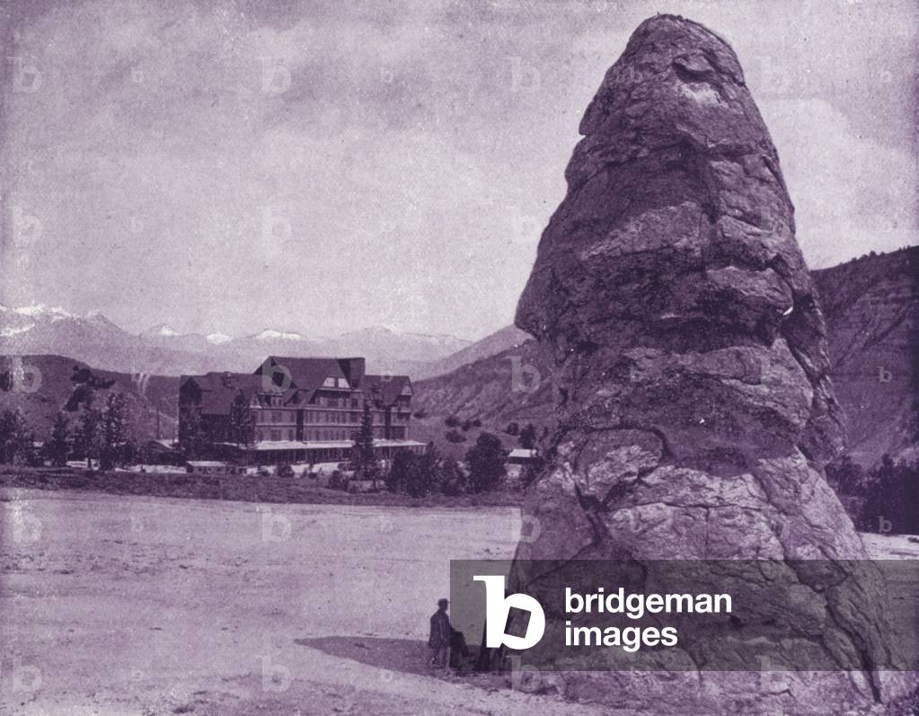 Liberty Cap and Mammoth Hot Springs Hotel (b/w photo)