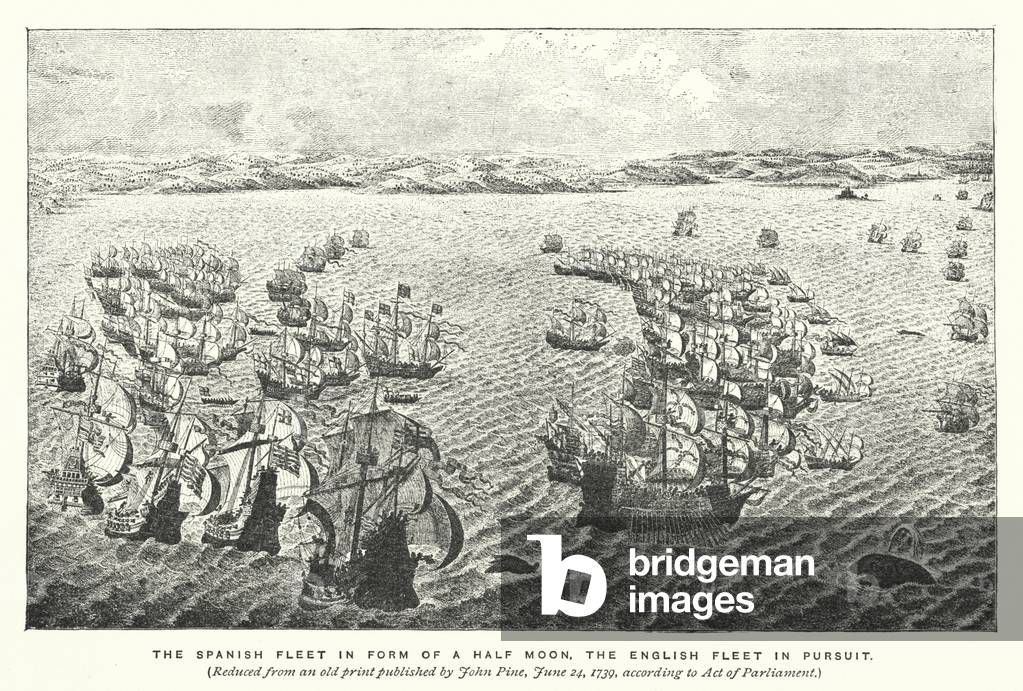 The Spanish fleet in form of a half moon, the English fleet in pursuit (engraving)