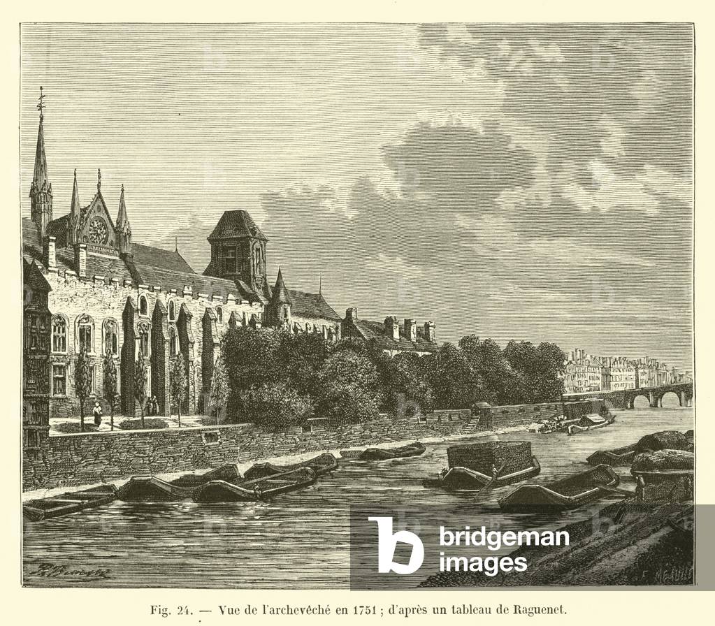 Vue de l'archeveche en 1751; d'apres un tableau de Raguenet (engraving)