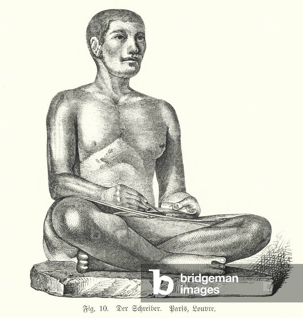 Ancient Egyptian figure of a seated scribe (engraving)