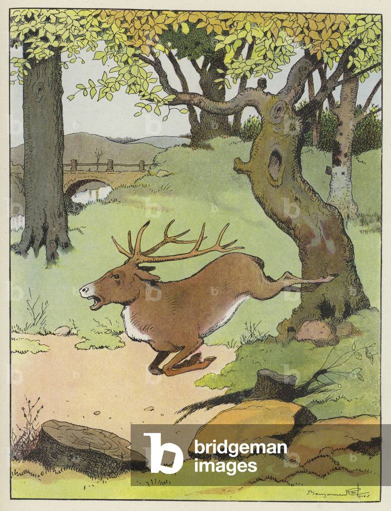 Stag running through a forest (colour litho)