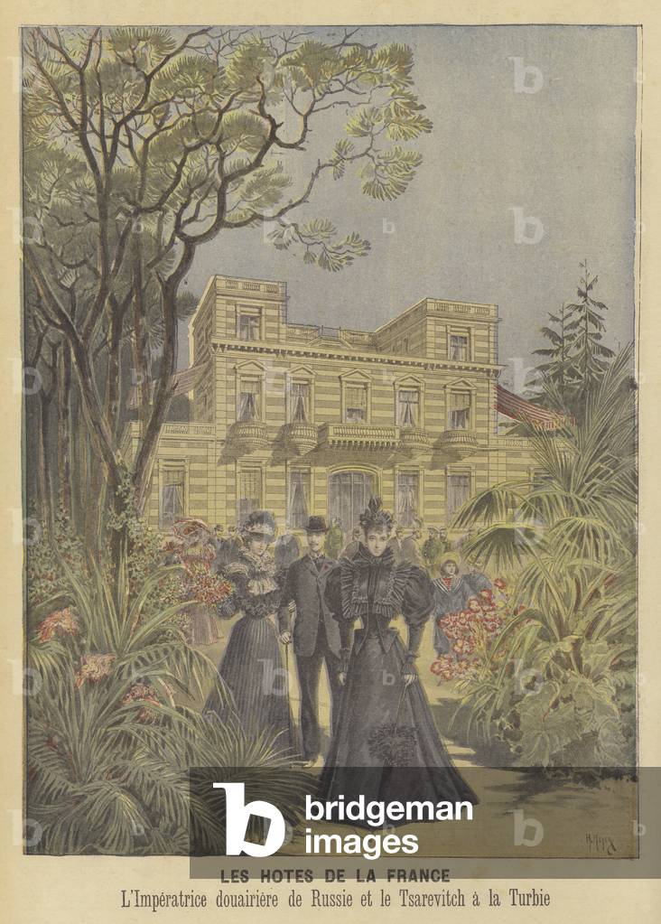 Royal visitors to France: The Dowager Empress and Tsarevich of Russia (colour litho)