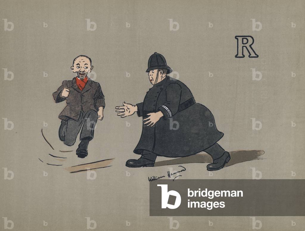Letter R, Riotous Rabble's Rowdy Ringleader Running Rapidly Right Round Rotund Robert's Really Rather Restricted Reach (colour litho)