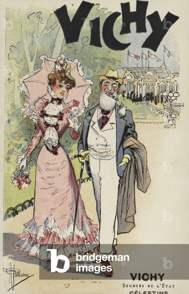 Old man and young girl walking, advertisement for Vichy (chromolitho)