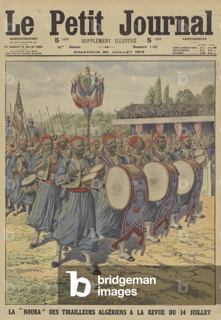 Band of the Algerian tirailleurs marching in the Bastille Day military parade in Paris (colour litho)