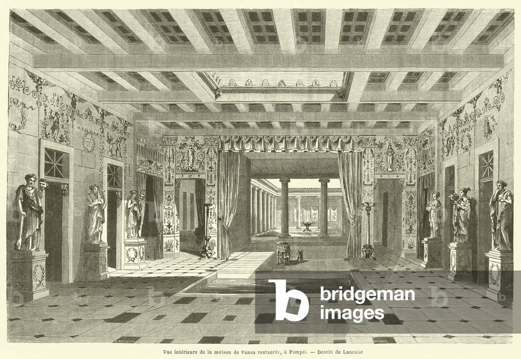 Vue interieure de la maison de Pansa restauree, a Pompei (engraving)