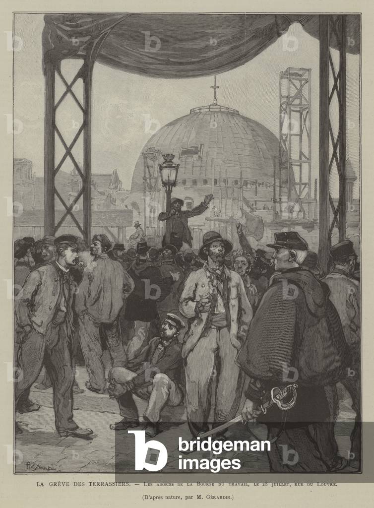 La Greve des Terrassiers, Les abords de la Bourse du travail, le 28 juillet, rue du Louvre (engraving)