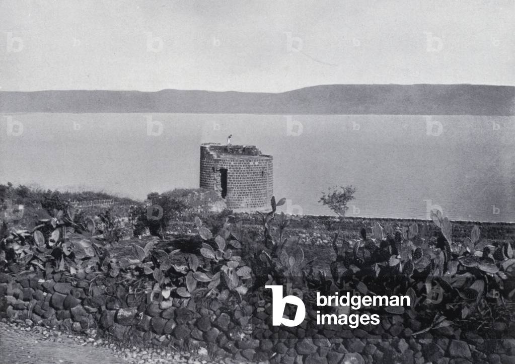 Panorama of the Sea of Galilee (b/w photo)