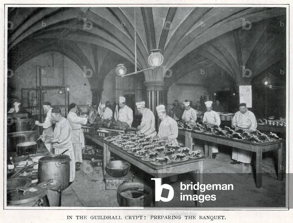 In the Guildhall Crypt: Preparing the Banquet (b/w photo)