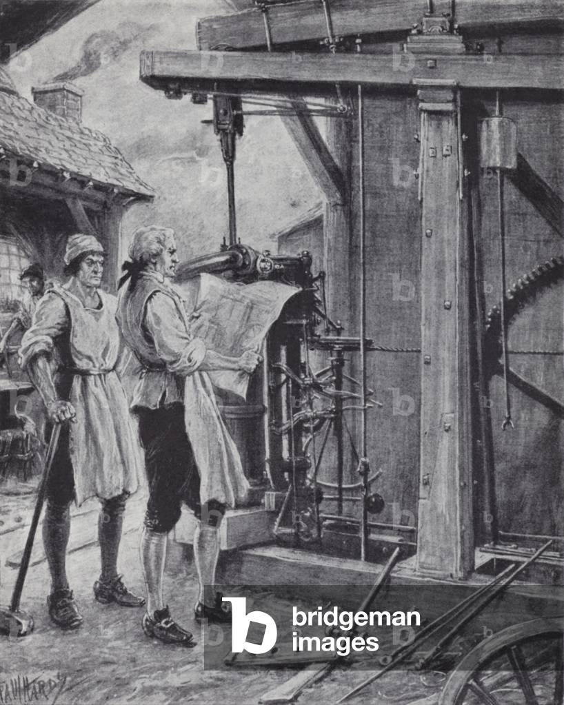 James Watt at work on the steam engine, 1763 (litho)