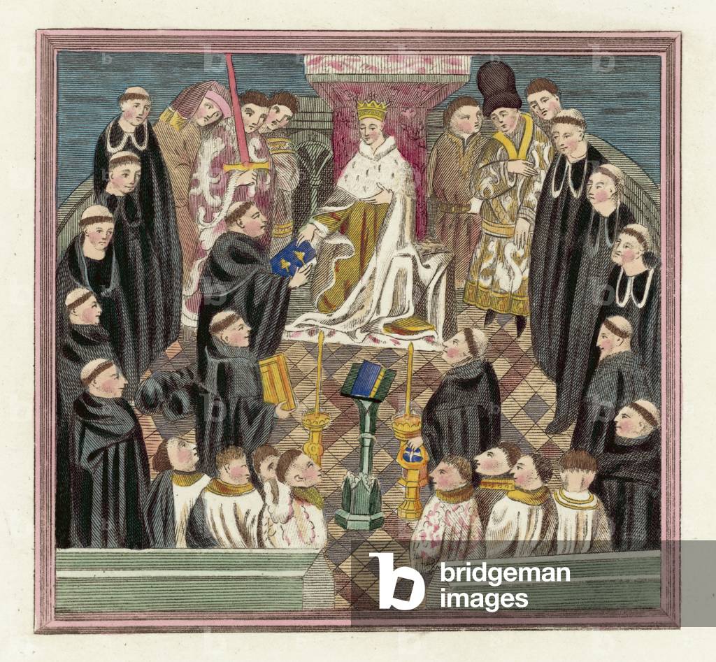 King Henry VI and his Parliament at Bury (coloured engraving)