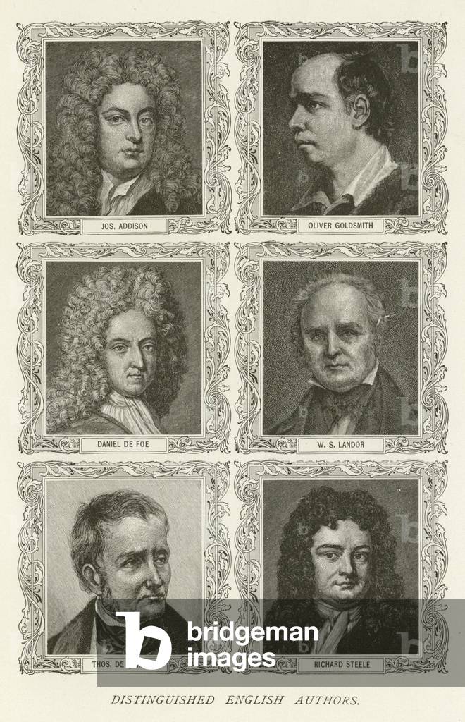 Distinguished English Authors, Joseph Addison, Oliver Goldsmith, Daniel de Foe, W S Landor, Thomas De Quincey, Richard Steele (engraving)