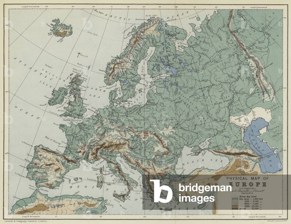 Physical map of Europe (colour litho)